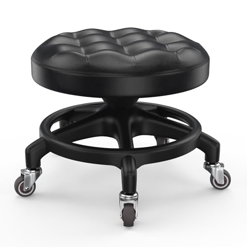 Upgraded Low-Profile Rolling Stool with 360° Smooth Rubber Wheels – Heavy-Duty 450lbs, Puffed PU Seat & Anti-Tip Base | Ideal for Home, Office, Salon, Workshop, Mechanic, Garage, Black - style: Puffed Black Seat Black Frame