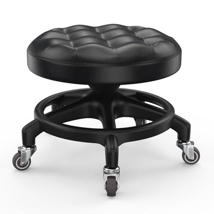 Upgraded Low-Profile Rolling Stool with 360° Smooth Rubber Wheels – Heavy-Duty 450lbs, Puffed PU Seat & Anti-Tip Base | Ideal for Home, Office, Salon, Workshop, Mechanic, Garage, Black - style: Puffed Black Seat Black Frame