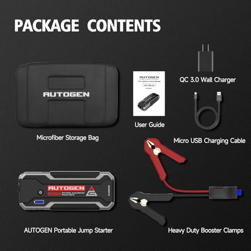 Car Jump Starter 6000A, AUTOGEN Portable Battery Jumper Starter All Gas and 10.0L Diesel Engine, Jump Start Battery Pack and Jump Box with 12V DC Output and EVA Case