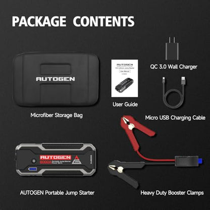 Car Jump Starter 6000A, AUTOGEN Portable Battery Jumper Starter All Gas and 10.0L Diesel Engine, Jump Start Battery Pack and Jump Box with 12V DC Output and EVA Case