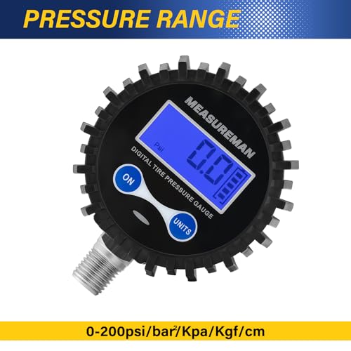 MEASUREMAN 2-1/2" Dial Size Digital Air Pressure Gauge with 1/4'' NPT Bottom Connector and Protective Boot, 0-250psi, Accuracy 1%, Battery Powered with LED Light (Pack of 2) - size: Long thread (Pack of 2), style: 0-250psi
