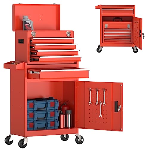 5-Drawer Rolling Tool Chest, High Capacity Removable Tool Storage Cabinet, Detachable Toolbox with Lock for Garage Warehouse and Tool Room (Red) - color: Red, size: 5-Drawer