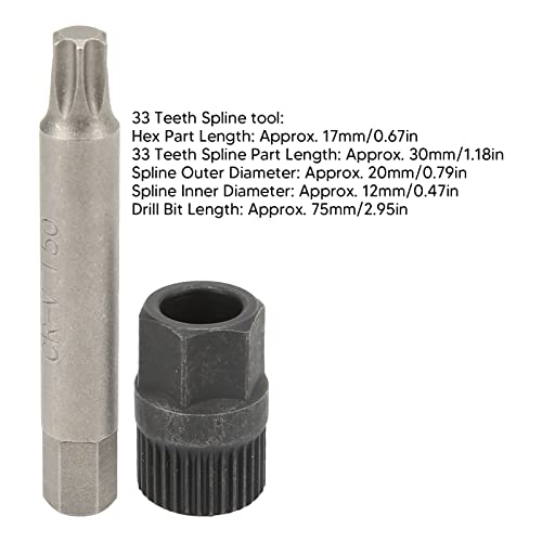 Alternator Pulley Tool, Alternator Pulley Socket Drill Bit Kit Alternator Pulley Wrench Kit 33 Teeth Spline Socket Drill Bit Puller Remover Tool Replacement for Alternators