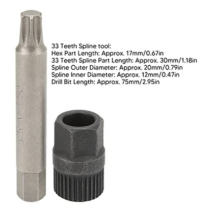 Alternator Pulley Tool, Alternator Pulley Socket Drill Bit Kit Alternator Pulley Wrench Kit 33 Teeth Spline Socket Drill Bit Puller Remover Tool Replacement for Alternators