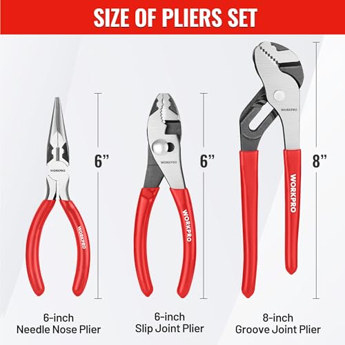 WORKPRO Pliers Set, 3-Piece Plier Tool Set with Soft Handle | 6" Needle Nose, 6" Slip Joint, 8" Groove Joint Plier for DIY & Home Use - color: Red