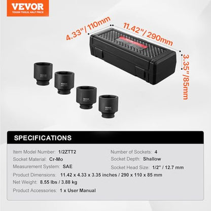 VEVOR Axle Nut Impact Socket Set - 1/2" Drive 6-Point 4-Piece SAE Spindle Nut Socket CR-MO Heat Treated Large Socket Set with Storage Case for Auto Repair, Removing or Installing Axle Nuts - style: 1/2" 4PCS CR-MO