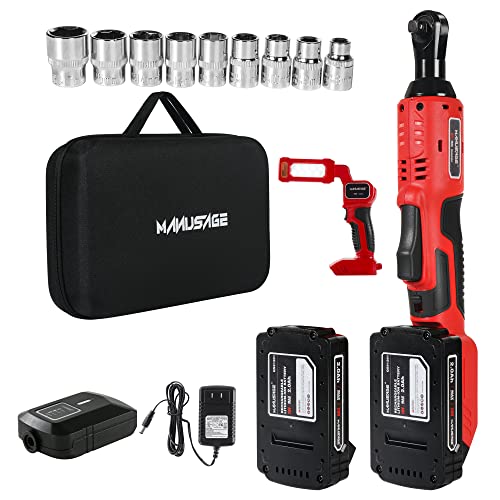 MANUSAGE 3/8"(10mm) 20V Cordless Electric Ratchet Wrench, 44.25 Ft-lbs, 380RPM, with 2 x 2.0A Rechargeable Lithium Ion Batteries, Charger and 20V Lithium-Ion LED Work Light