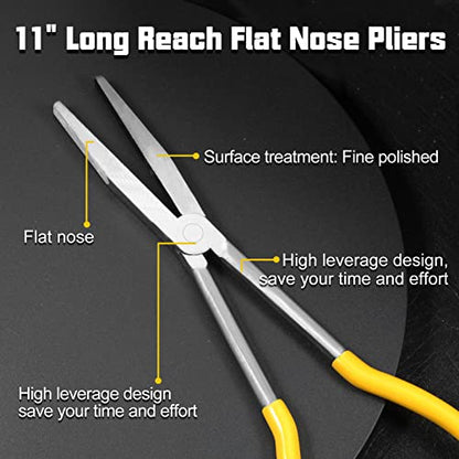 Long Reach Flat Nose Pliers 11-inch Duck Billed Pliers with Serrated Jaws for Automotive Repair Mechanical Work, Long Reach Plier for Hard to Reach Narrow Spaces & Limited Clearance Areas - style: Flat nose pliers
