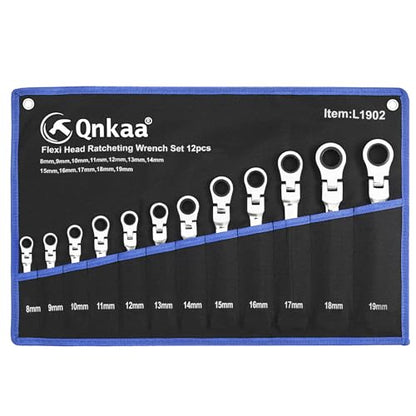 Qnkaa Flexible Ratchet Wrench Set 12pcs 8-19mm Spanner Gear Ring Ratcheting Combination Flexi Wrench Kit Metric Flex Head | Spanner Gear Ring Ratcheting Combination Flexi Wrench Kit Metric Flex Head - size: 12-Piece Metric Set