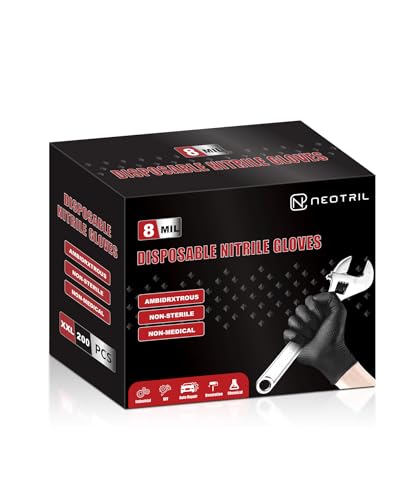 NEOTRIL 8 Mil Heavy Duty Disposable Nitrile Gloves with Diamond Texture Grip Rubber Gloves Latex & Powder Free - color: Box of 200 / Black, size: Large