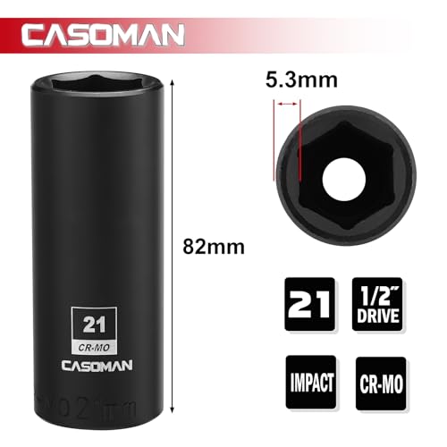 CASOMAN 1/2-Inch Drive x 21mm Deep Impact Socket, 6-Point, Metric, CR-MO - size: 21 mm (Deep), style: 6-Point Socket