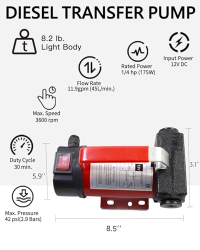 12V 13GPM Diesel Fuel Transfer Pump, 6.5FT Suction Hose & 13FT Discharge Hose for Diesel/Kerosene, with Nozzle & Fittings