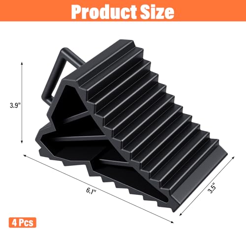4 Pack Wheel Chocks for RV Trailers & Camper, Heavy Duty Non-Slip Tire Stoppers with Handle for Car, Truck, Travel Trailer - Black