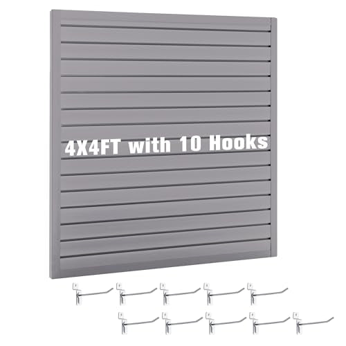 Slatwall Panel Garage Wall Organizer Storage Systems, Wall Mounted PVC Storage Rack with 10 Hooks, Interlocking Workshop Slat Wall Paneling Sheets Board Shelves Tools Organization-Grey (4’H x 4’W) - size: 4×4ft