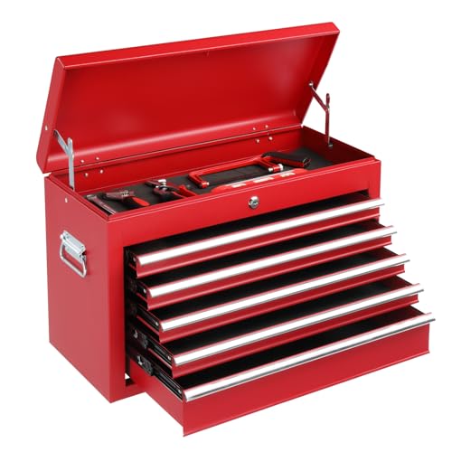 Winado 24" Metal Portable Tool Box with 5 Drawers, Lockable, Red | ToolBox with Top Storage Tray, Carry Handle, Ball Bearing Runners, Tool Chest Cabinet for Garage, Warehouse, Repair Shop - color: Red