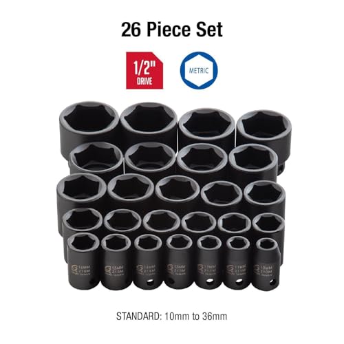 Sunex 2645, 1/2 Inch Drive Impact Socket Set, 26-Piece, Metric, 10mm-36mm, Cr-Mo Alloy Steel, Radius Corner Design, Heavy Duty Storage Case - size: 1 Pack