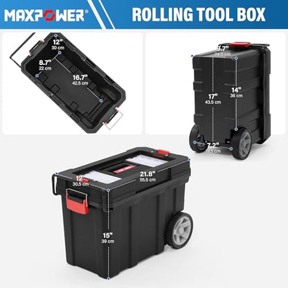MAXPOWER Rolling Tool Box with Wheel, Lockable Deep Tool Box | 8 Gallon Storage Capacity Black Toolbox with Removable Tray and Latches - size: 16", style: 8-gallon Rolling tool box