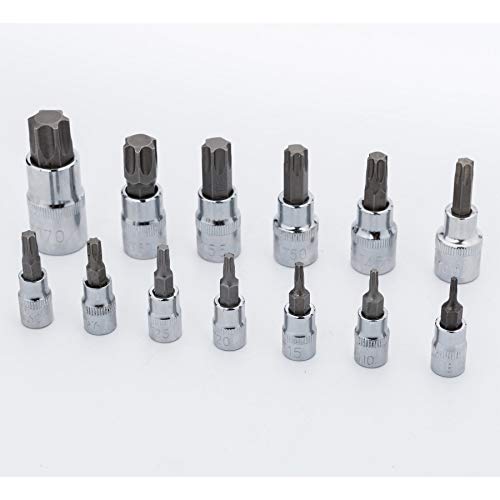 Qnkaa Torx Bit Socket Set 13pcs 3/8" Dr. T8 - T70 E Star S2 Alloy Steel | Premium Cr-V Steel Star Socket Torx Bits Metric 1/4, 3/8 and 1/2-Inch Drive