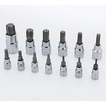 Qnkaa Torx Bit Socket Set 13pcs 3/8" Dr. T8 - T70 E Star S2 Alloy Steel | Premium Cr-V Steel Star Socket Torx Bits Metric 1/4, 3/8 and 1/2-Inch Drive