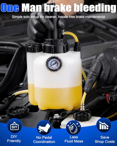 3L Brake Fluid Bleeder Kit w/ 1L Waste Oil Bottle, Automotive Power Bleeding Tool for Flush Brakes, Pressure Brake Bleeder for Clutch System, Includes 43.5/45/49.5/50.7mm Master Cylinder Caps | Pressurized System, One-man Brake Bleeding at Home