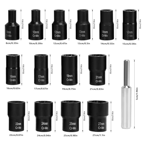 XEWEA 15PCS 1/2" Drive Lug Nut Removal Tools, Striped Wheel Lock Removal Kit Easy Out Twist Socket Extractor Set for Damaged, Frozen, Rusted, Rounded-Off Bolts Nuts & Screws - color: 15pcs 1/2" Drive