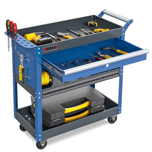3 Tier Tool Cart,440 LBS Capacity Rolling Tool Cart with Drawers,Heavy Duty Industrial Service Cart on Wheels with Pegboard Hooks for Mechanics,Garage,Warehouse,Workshop,Blue