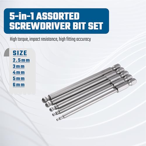 VESTTIO Ball End Hex Head Metric Allen Wrench Screwdriver Bit Set 5PCS 2.5mm 3mm 4mm 5mm 6mm 1/4 Inch Hex Shank 4 Inch/100 mm Length S2 Steel with Magnetic for Power Screwdriver Drill Impact Driver - size: 5 BALL / 4 inch