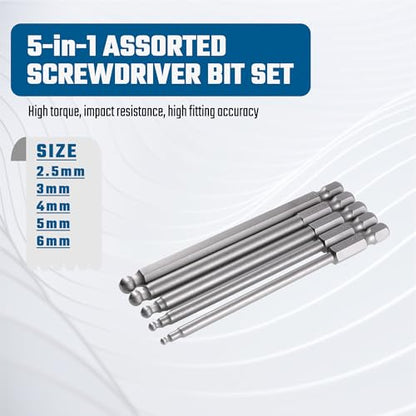 VESTTIO Ball End Hex Head Metric Allen Wrench Screwdriver Bit Set 5PCS 2.5mm 3mm 4mm 5mm 6mm 1/4 Inch Hex Shank 4 Inch/100 mm Length S2 Steel with Magnetic for Power Screwdriver Drill Impact Driver - size: 5 BALL / 4 inch
