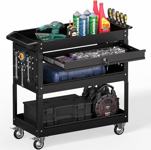 3 Tier Rolling Tool Cart on Wheels, Heavy Duty Service Cart Industrial Utility Cart with Drawer and Screwdriver Rack Pegboard, 550 LBS Mobile Tool Storage Organizer for Garage, Workshop(Black) - color: Black