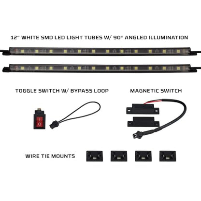 LEDGlow 2pc White Truck Tool Box LED Lighting Kit for Work & Utility Trucks | Universal Fitment 12" Tubes Install Inside the Lid & Shine Down on Tools, Includes Magnetic Power Switch for Automatic On/Off