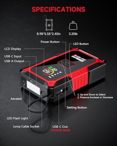 GOOLOO A5 Jump Starter with Air Compressor, 4000A Car Battery Jump Starter (All Gas/10.0L Diesel) with 160PSI Tire Inflator Auto-Off, 45W PD Fast Charging, 12V Jump Box Car Jumper Starter Portable - color: Red