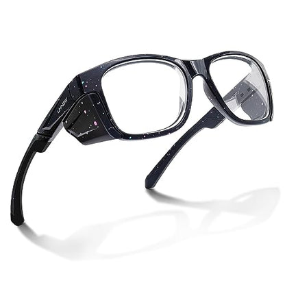 UKNOW Safety Glasses - Anti Fog Lenses - Eye Protection with Side Shields - ANSI Z87.1 Protective Eyewear - UV Protection - color: Black With Blue & Pink Splatters