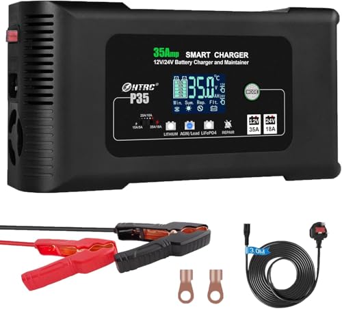 Battery Charger, Smart 0-35A 12V/24V Trickle Charger, Portable Car Battery Charger with 9 Stages of Charging for LiFePO4, Lead-Acid, and Lithium Batteries, with Battery Repair Function - color: 0-35A 12/24V