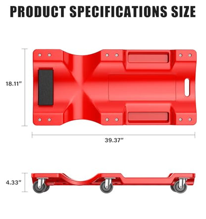 40 Inch Low Profile Mechanic Creeper, Heavy Duty Blow Molded Rolling Garage Creeper with Padded Headrest, Dual Tool Trays, 6 Steel Ball Bearing Swivel Casters, 350 lbs Capacity, Red - size: 40"