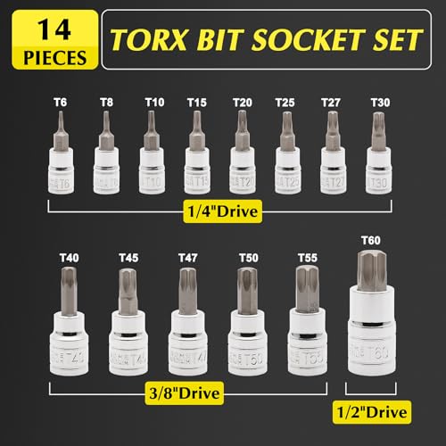 EMENTOL 14PCS Torx Bit Socket Set, CR-V, S2 Steel, 1/4", 3/8" and 1/2" Drive Star Bit Socket Set, T6 - T60 - size: 14PCS Standard Torx Bit Socket Set (T6-T60)