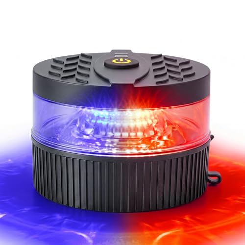 Battery Operated Red/Blue Beacon Strobe Light w/Magnetic Base, Portable USB-C Rechargeable Mini Roof Top LED Warning Emergency Flashing Lights for Trucks, Vehicles, Car 1-Pcs - color: Red/Blue