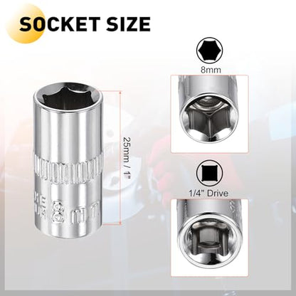 HARFINGTON Deep 6-Point Impact Socket 1/4" Drive 8mm Metric Socket 25mm (1") Long with 1/4" Hex Shank Adapter, CR-V Steel Socket Adapter Accessory Tool Set Kit for Hex Bolts Nuts - size: 8mm x 25mm