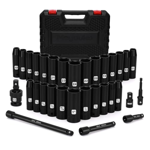 Mayouko 1/2" Drive Impact Deep Socket Set, SAE (3/8 to 1 inch) and Metric (10-24mm) Sizes with 3", 5", 10" Extension Bars, CR-V Steel, Complete Impact Wrench Socket