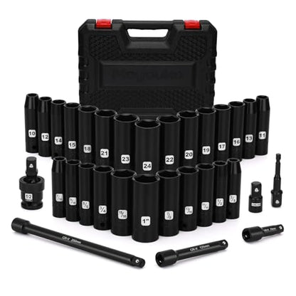 Mayouko 1/2" Drive Impact Deep Socket Set, SAE (3/8 to 1 inch) and Metric (10-24mm) Sizes with 3", 5", 10" Extension Bars, CR-V Steel, Complete Impact Wrench Socket