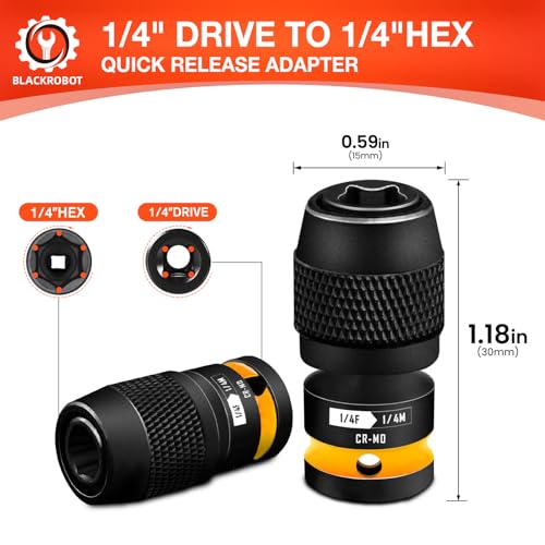 BLACKROBOT 2PCS Quick Release Impact Bit Holders 1/4-Inch Square Drive to 1/4-Inch Hex Socket Adapter, CR-MO Steel, Yellow - size: 1/4 Impact Bit Holder-2