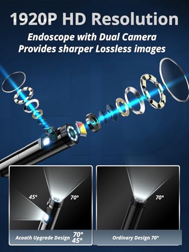 Acoath Endoscope Camera with Light, Dual-Lens 1920P HD Borescope with 8 Adjustable LED Lights, IP67 Waterproof Boroscope Inspection Tools, 9.8ft Semi-Rigid Snake Camera for iOS & Android - size: 9.8FT Snake Camera