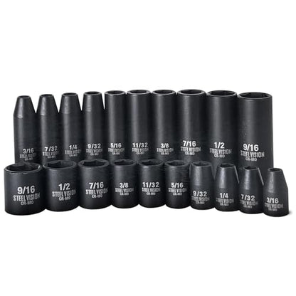 Steel Vision Tools 20-Piece 1/4-Inch Drive SAE Impact Socket Set, Deep & Standard, CR-MO Steel, Laser-Etched Sizes, Heavy-Duty Storage Case, Professional-Grade Performance - size: 1/4" 20pc