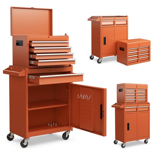 ERGOMASTER Tool Chest Heavy Duty Rolling Tool Box with Cabinet 5-Drawer for Lockable & Removable Cabinet for Garage and Workshop - Orange - color: Orange, size: 5-Drawers