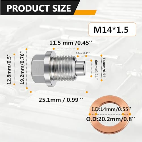 M14x1.5 Magnetic Stainless Steel Oil Drain Plug Kit Fits Cars Motorcycles | CHENACC 1PCS Oil Pan Drain Nut Bolt with 5 PCS Copper Gasket, Compatible with Most Boats Cars and Motorcycles - size: M14*1.5