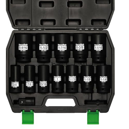 TecoTek 3/4" Drive Deep 6-Point Impact Socket Set, 13-Piece Jumbo Assortment, Cr-Mo, SAE (3/4" to 1-9/16"), 1/2" F to 3/4" M Impact Socket Adapter, for Large Vehicle and Apparatus Maintenance - size: 13-Piece (3/4" to 1-9/16")