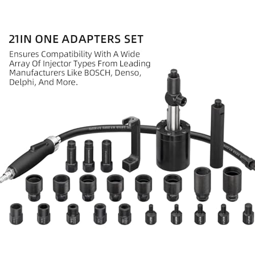 Pneumatic Injector Impact Extractor, 24 Pieces, Gentle Removal of Diesel Injectors, Prevents Cylinder Head Damage, Includes 21 Adapters for Various Brands