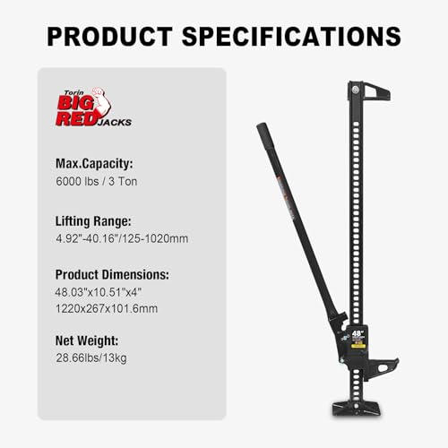 Big RED ATR6501BR Torin 48" Ratcheting Off Road Utility Farm Jack: 3 Ton (6,000 lb) Capacity, Black - size: 48 inch Black