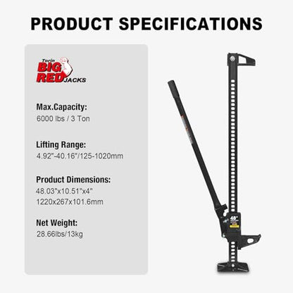 Big RED ATR6501BR Torin 48" Ratcheting Off Road Utility Farm Jack: 3 Ton (6,000 lb) Capacity, Black - size: 48 inch Black