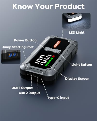 Jump Starter Power Pack, 7000A Car Battery Booster Jump Starter and Jump Pack for 12V Vehicles, OGORI NEW Battery Booster with LCD Screen and Flashlight (10L Gas/8L Diesel)