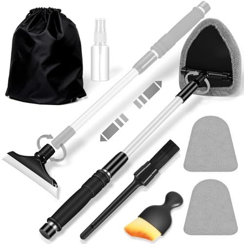 Gray Windshield Cleaner Tool, Car Interior Cleaning Kit with Extendable Handle and 3 Reusable Microfiber Pads, Auto Glass Wiper and Detailing Brush Kit for Car & Home Window - color: Gray